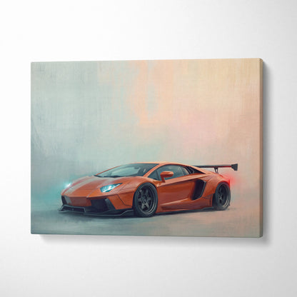 Orange lamborghini aventador track edition canvas wall art featuring sleek design black rims and prominent rear wing