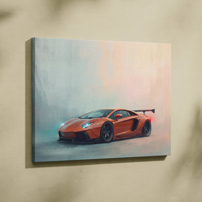 Orange Lamborghini Aventador inspired car wall art canvas painting print featuring sleek aerodynamic design and glowing headlights