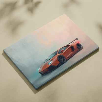 Orange Lamborghini Aventador inspired sports car canvas print track edition wall art for car enthusiasts room decor