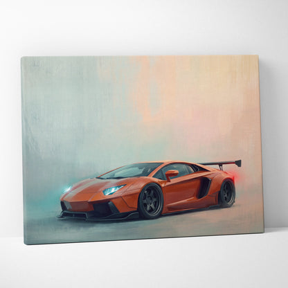 Orange Lamborghini Aventador inspired car wall art canvas print featuring track edition design for home decor