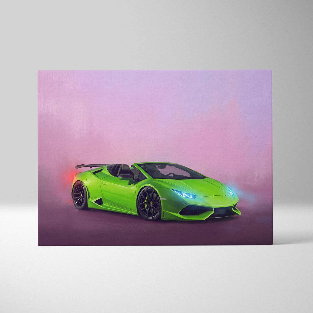 Lamborghini Huracán Spyder inspired automotive wall art featuring a vibrant lime green convertible with black rims