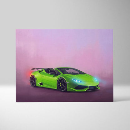 Lamborghini Huracán Spyder inspired automotive wall art featuring a vibrant lime green convertible with black rims