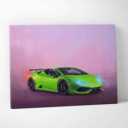 Lamborghini Huracán Spyder inspired lime green convertible canvas print with glowing blue headlights and red taillights