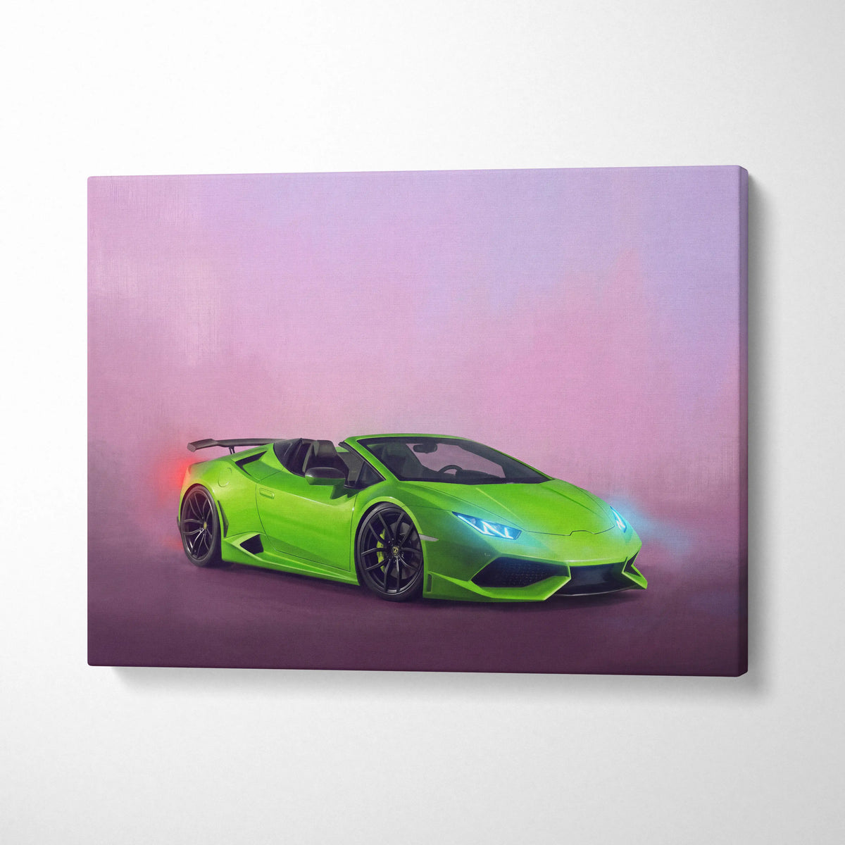 Lamborghini Huracán Spyder inspired canvas wall art featuring a vibrant lime green convertible sports car with glowing lights