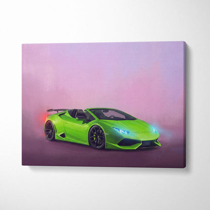 Lamborghini Huracán Spyder inspired canvas wall art featuring a vibrant lime green convertible sports car with glowing lights