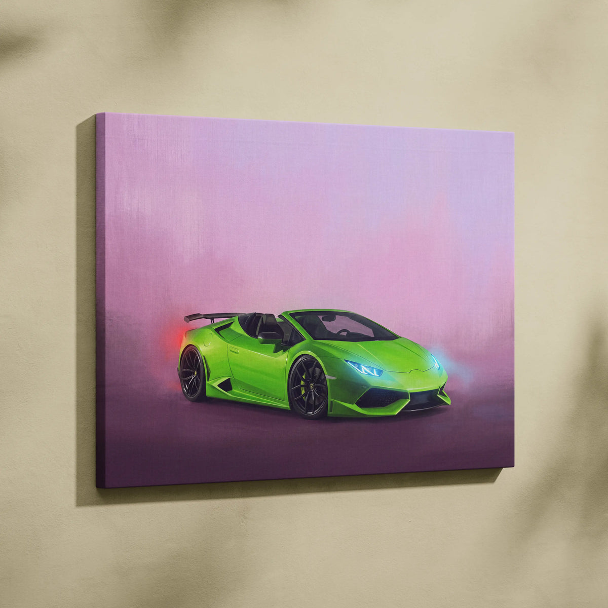 Lamborghini Huracán Spyder inspired luxury supercar canvas print featuring a vibrant lime green convertible with glowing headlights