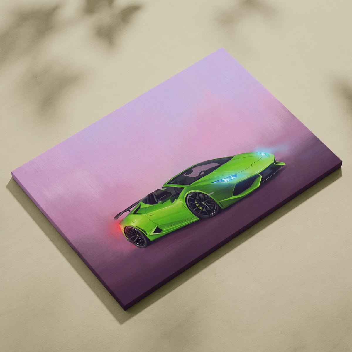 Lamborghini Huracán Spyder inspired canvas print featuring a vibrant lime green convertible with glowing accents