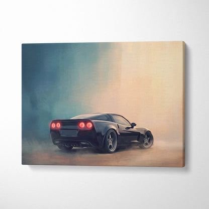 Chevrolet Corvette inspired black sports car canvas art with glossy finish and glowing red taillights for garage decor