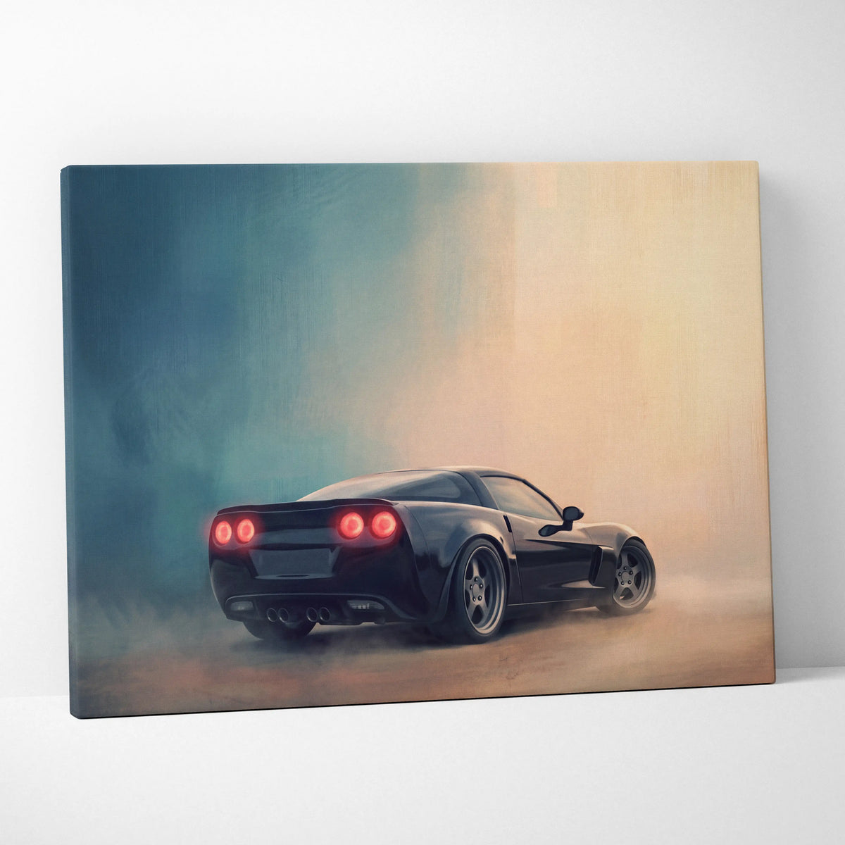 Chevrolet corvette inspired black sports car canvas art with glossy finish glowing red taillights and smoke effects for garage decor