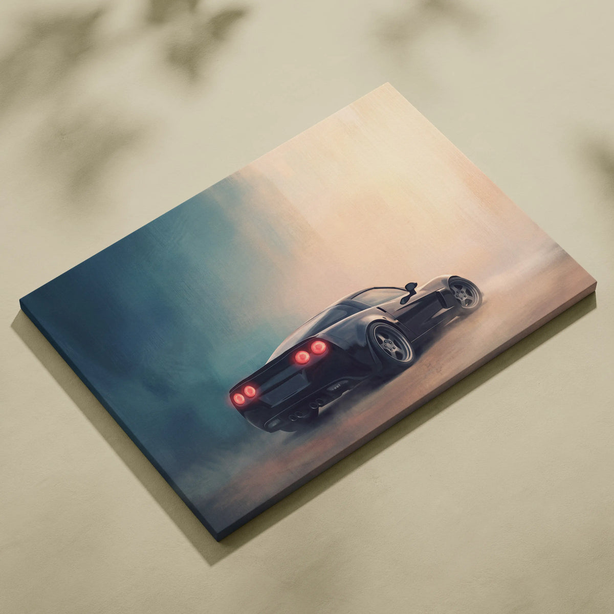 Black sports car canvas print with glowing red taillights and dynamic drift scene for garage decor