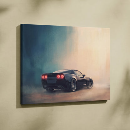 Chevrolet Corvette inspired black sports car canvas art with glowing red taillights for garage decor