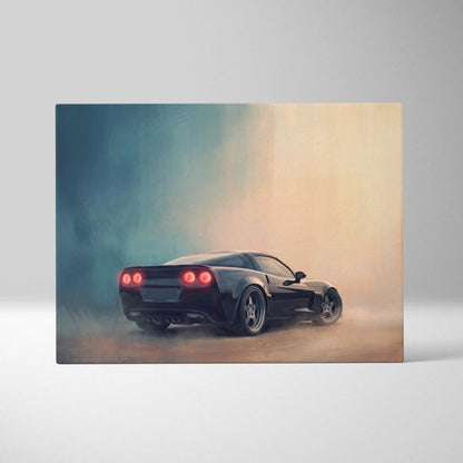 Black sports car with glowing red taillights and sleek design on chevrolet corvette inspired canvas art for garage decor