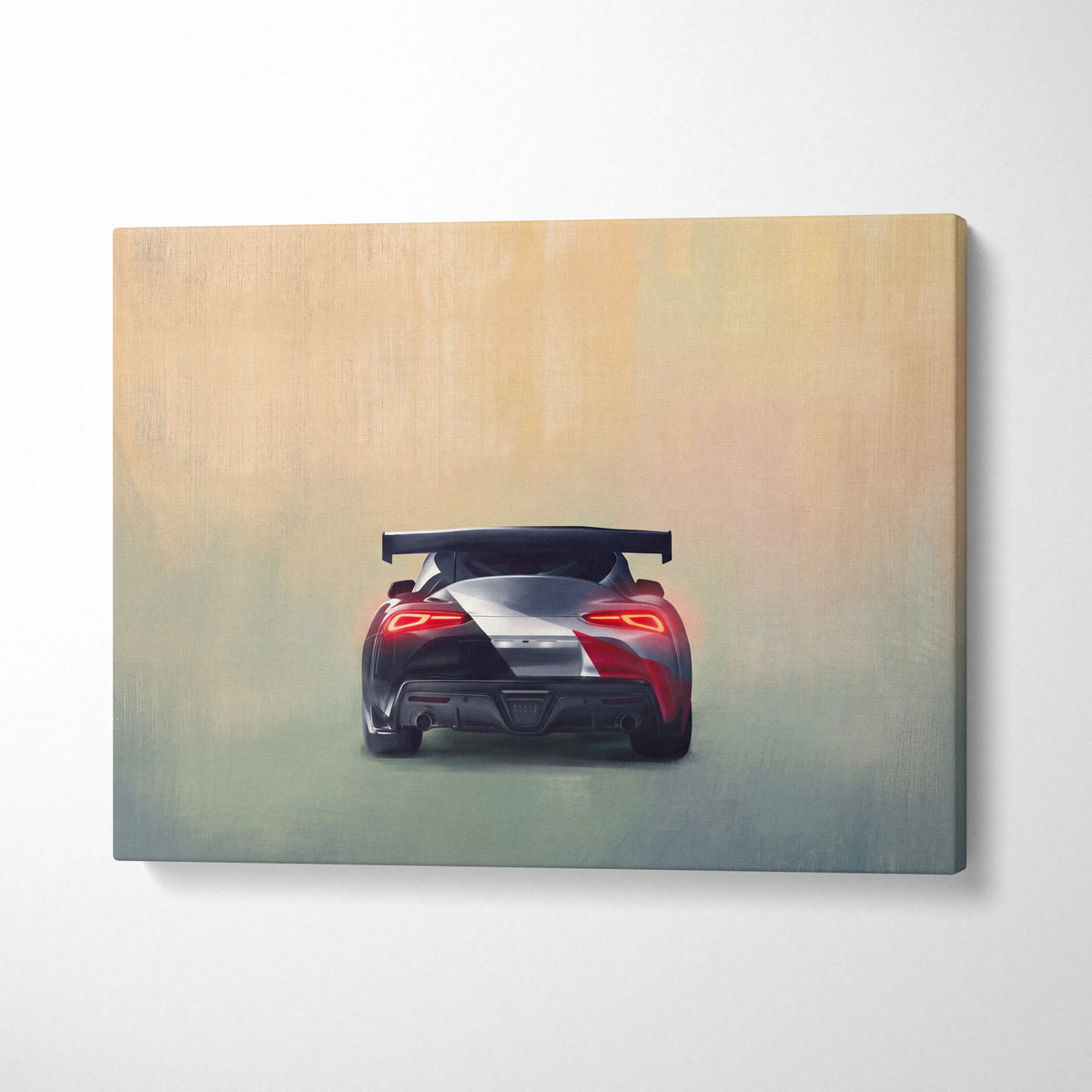 A canvas print of a red and silver Toyota GR Supra inspired sports car with glowing taillights and rear spoiler