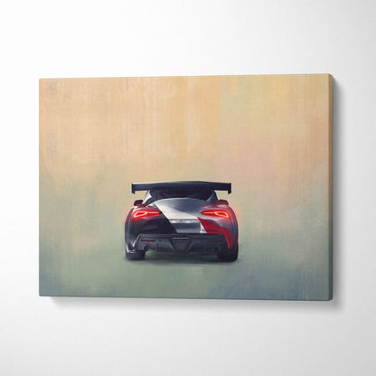 A canvas print of a red and silver Toyota GR Supra inspired sports car with glowing taillights and rear spoiler