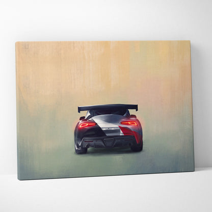 Toyota gr supra inspired canvas art featuring a sleek black and red sports car with silver accents and glowing taillights