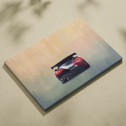 Toyota GR Supra inspired canvas art featuring a sleek matte black and red race car with a rear spoiler for garage decor