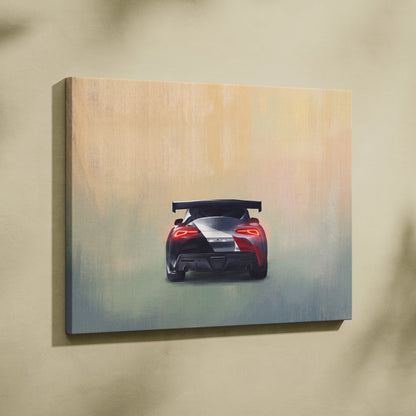 Toyota GR Supra inspired canvas art featuring a black and red sports car with glowing taillights and rear spoiler