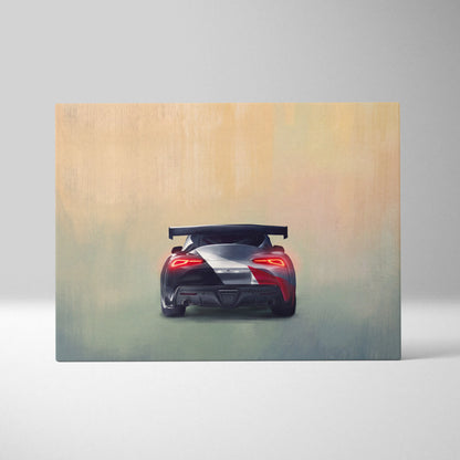 A sleek red white and black Toyota GR Supra inspired canvas art featuring a rear spoiler for garage wall decor