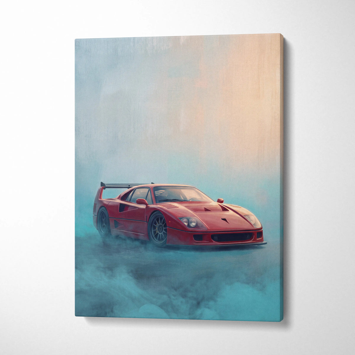 Vibrant red Ferrari F40 inspired canvas art featuring a smoky retro supercar scene for garage wall decor
