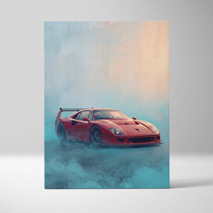 Red Ferrari F40 sports car stylized painting on canvas with teal and peach gradient background for garage wall decor