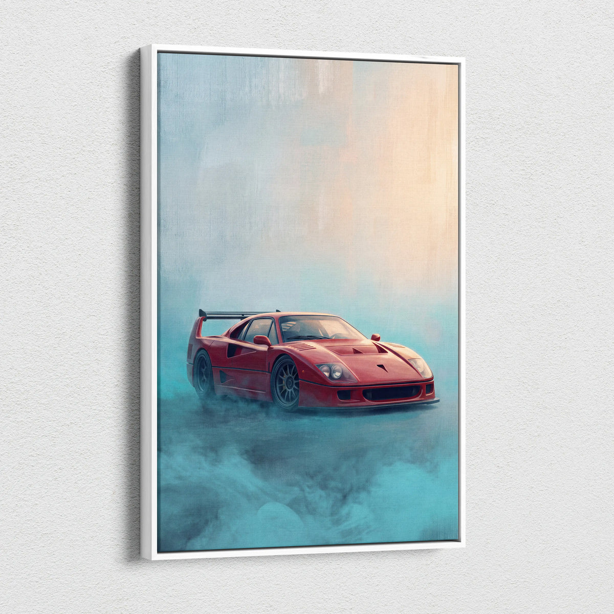 Red ferrari f40 inspired canvas art featuring a racing car in a white frame ideal for garage wall decor