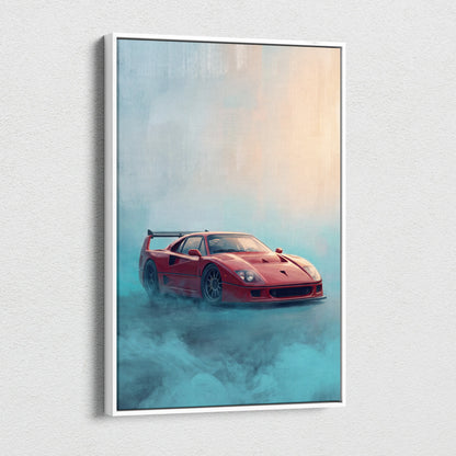 Red ferrari f40 inspired canvas art featuring a racing car in a white frame ideal for garage wall decor