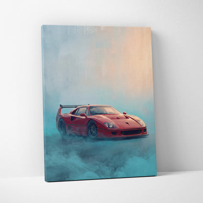 Ferrari f40 inspired canvas art featuring a red ferrari f40 drifting through misty air for garage wall decor