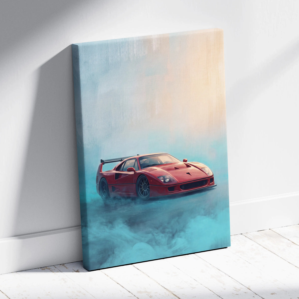Red Ferrari F40 canvas print featuring a dynamic cloud-filled scene retro supercar wall art decor for garage