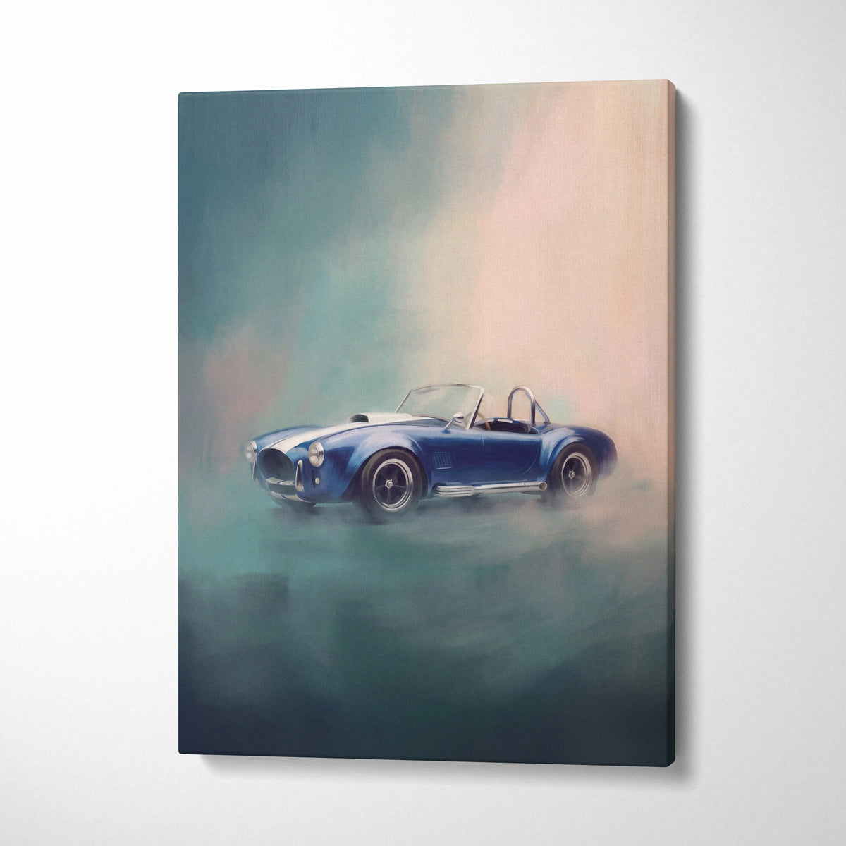 Shelby Cobra inspired car wall art featuring a vibrant blue classic sports car with white racing stripes and chrome accents