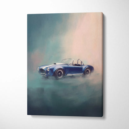 Shelby Cobra inspired car wall art featuring a vibrant blue classic sports car with white racing stripes and chrome accents