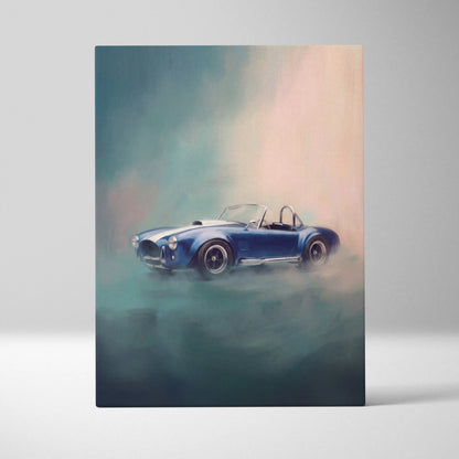 Shelby Cobra inspired car wall art featuring a blue classic sports car with white racing stripes on canvas painting