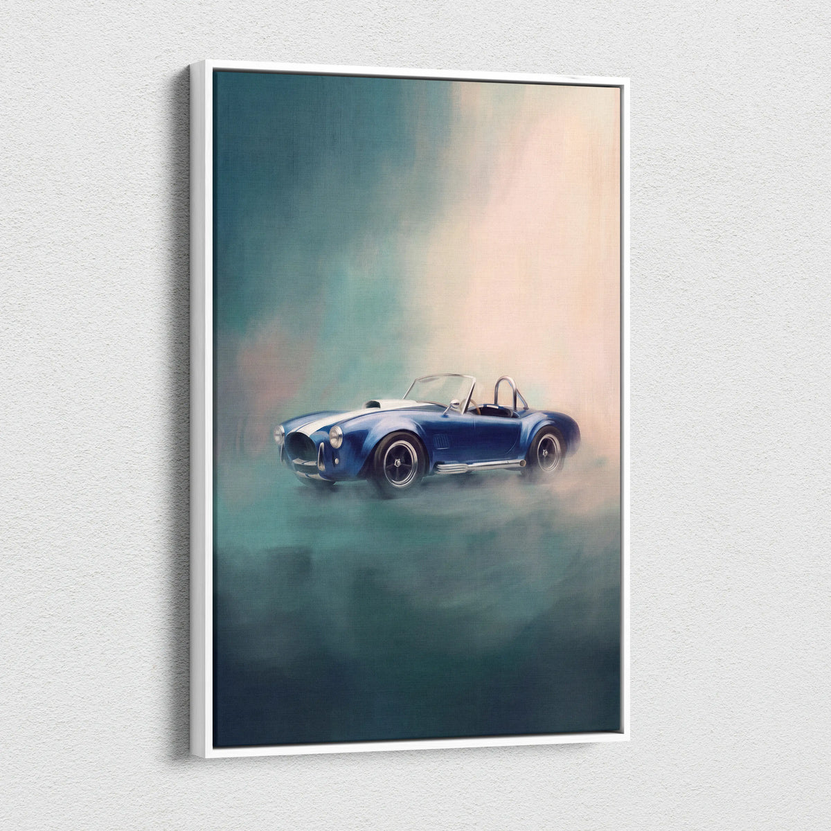Blue classic convertible sports car depicted in framed shelby cobra inspired car wall art canvas painting