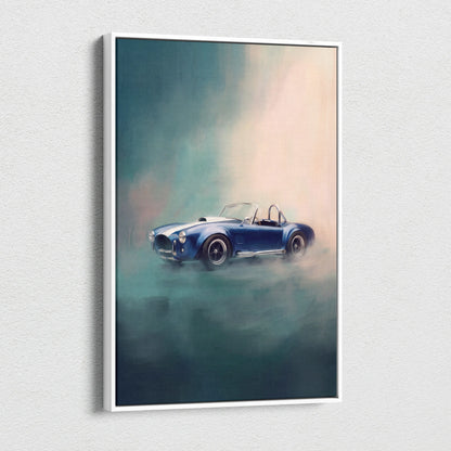 Blue classic convertible sports car depicted in framed shelby cobra inspired car wall art canvas painting