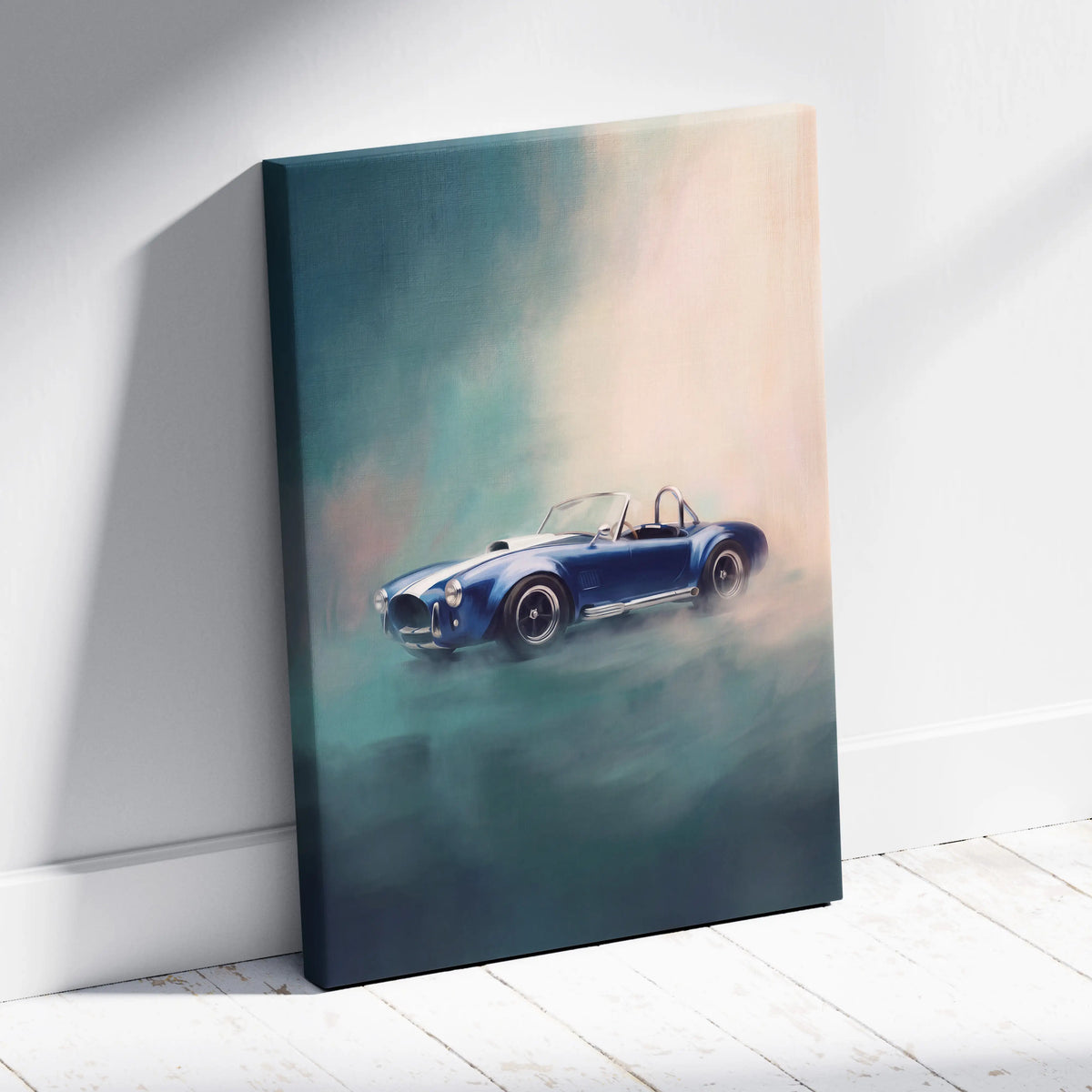 Blue classic convertible car canvas print of shelby cobra inspired classic american roadster wall art