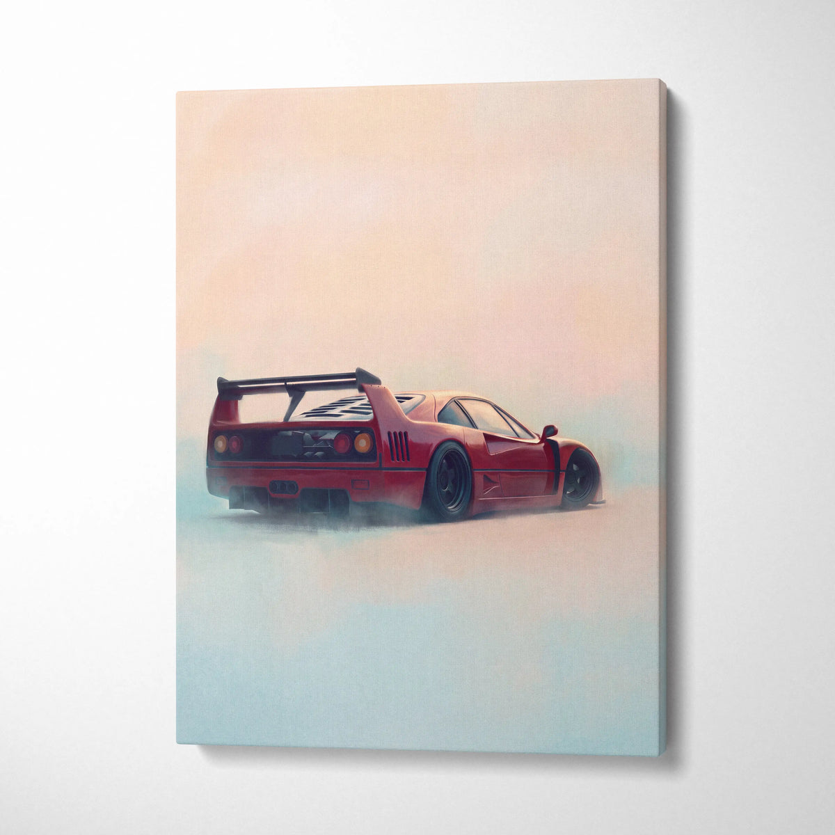 A vibrant red Ferrari F40 inspired art canvas print with smoke effect against a soft gradient sky wall decor poster