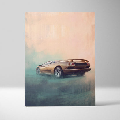 Golden Lamborghini Diablo sports car in stylized painterly artwork with misty surroundings on Italian exotic car canvas print