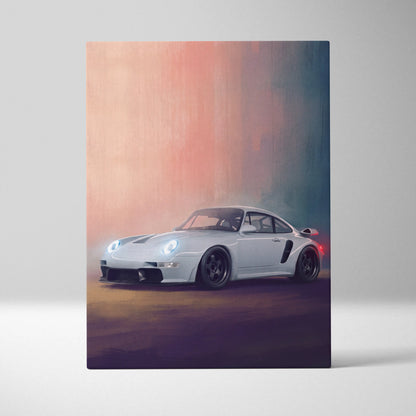 White porsche 911 turbo sports car with black rims featured in porsche 911 inspired automotive wall art canvas print