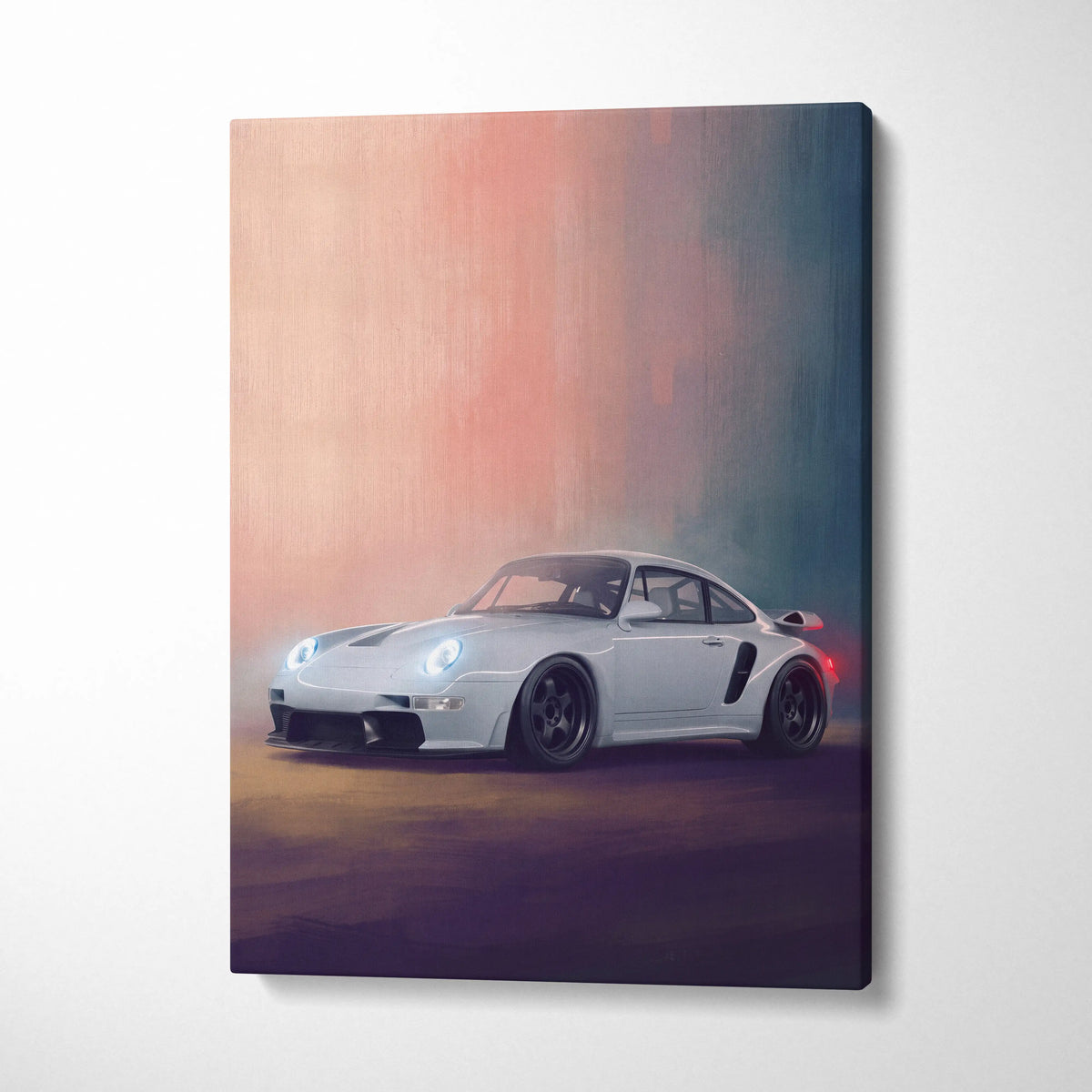 White porsche 911 turbo canvas print featuring sleek aerodynamic design and glowing headlights for wall art display