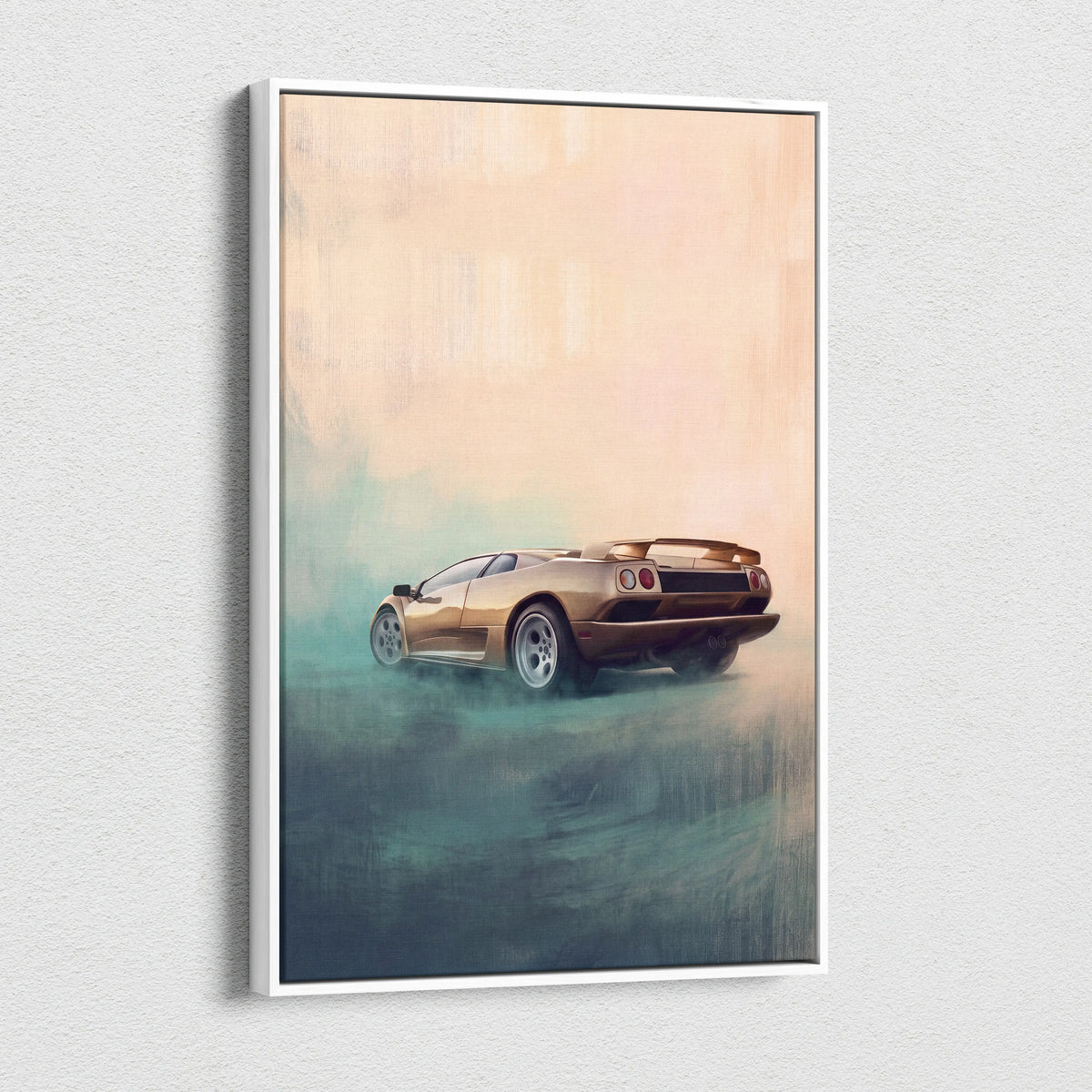 A framed canvas print of a golden Lamborghini Diablo sports car in motion with a soft painterly background