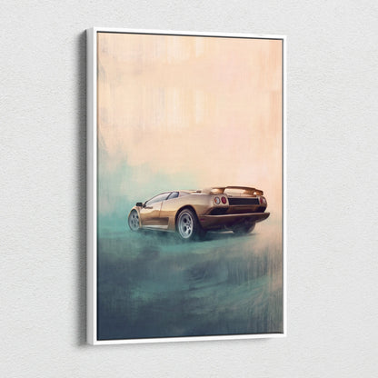 A framed canvas print of a golden Lamborghini Diablo sports car in motion with a soft painterly background