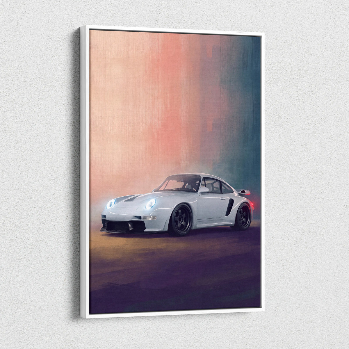 White framed canvas print of a white porsche 911 turbo with black racing stripes and custom wheels automotive wall art