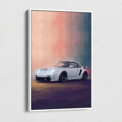 White framed canvas print of a white porsche 911 turbo with black racing stripes and custom wheels automotive wall art