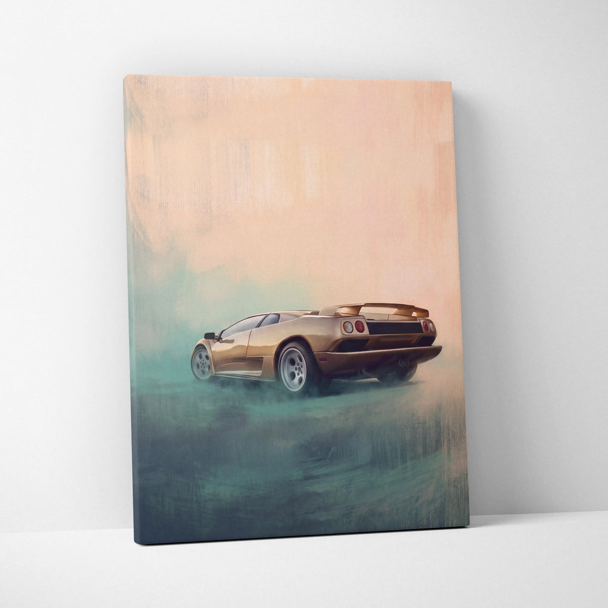 A golden Lamborghini Diablo canvas print depicting the sports car in motion for automotive wall art