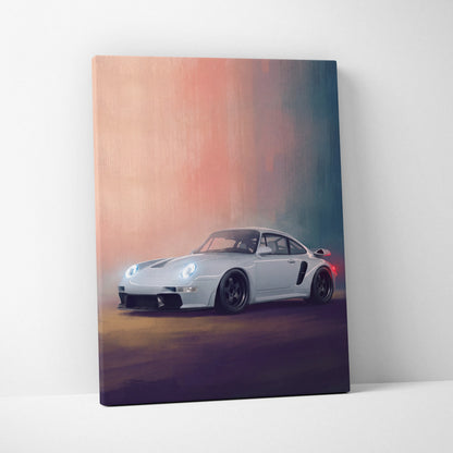 A sleek white Porsche 911 sports car on a canvas with glowing headlights in classic German automotive wall art