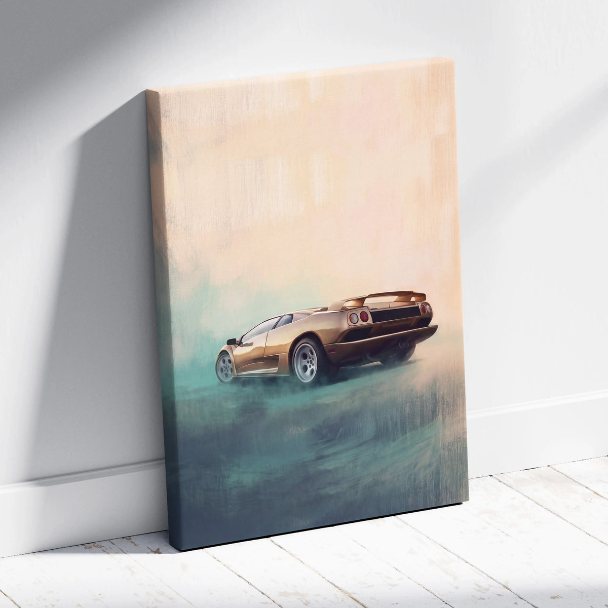 A canvas print of a golden Lamborghini Diablo sports car in motion against a soft gradient background wall art