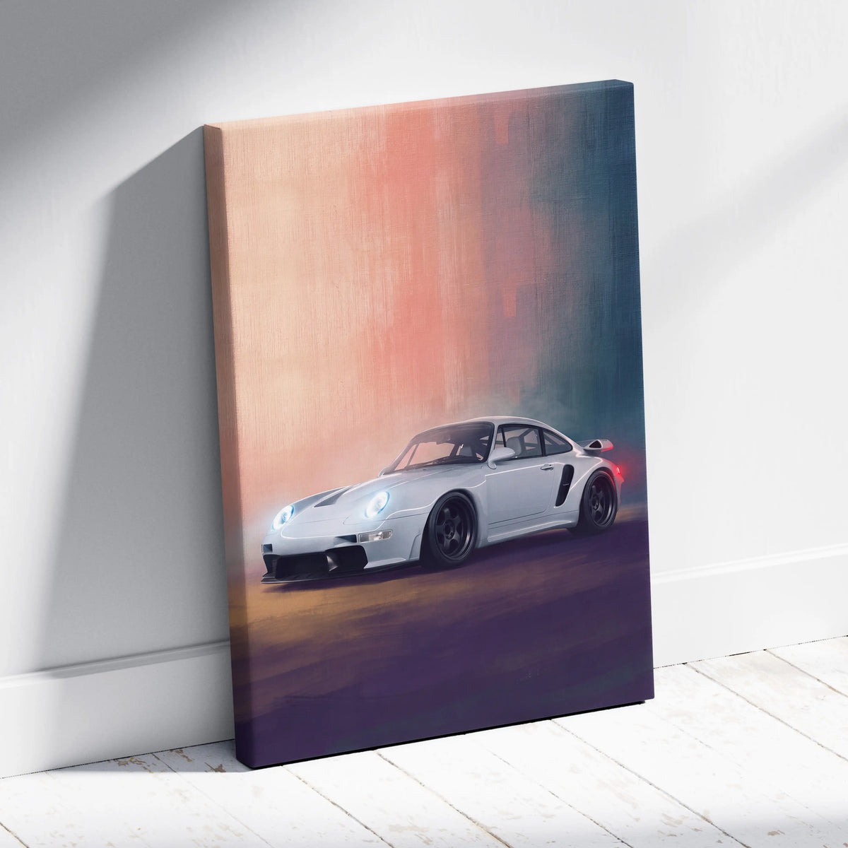 White porsche 911 canvas print featuring a gradient sunset backdrop classic german sports car wall art