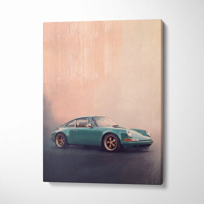 Teal porsche 911 inspired art canvas print with gold rims and soft painterly background for retro wall decor