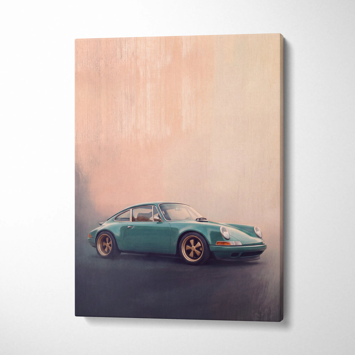Teal porsche 911 canvas art with gold rims and soft painterly background vintage luxury car wall decor for garage