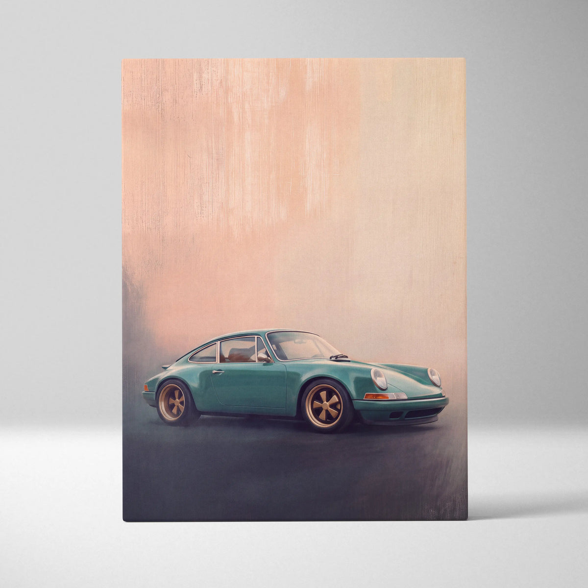 Teal porsche 911 sports car with gold-rimmed wheels in a stylized painting on a retro sports car art canvas poster