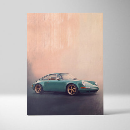 Teal porsche 911 sports car with gold-rimmed wheels in a stylized painting on a retro sports car art canvas poster